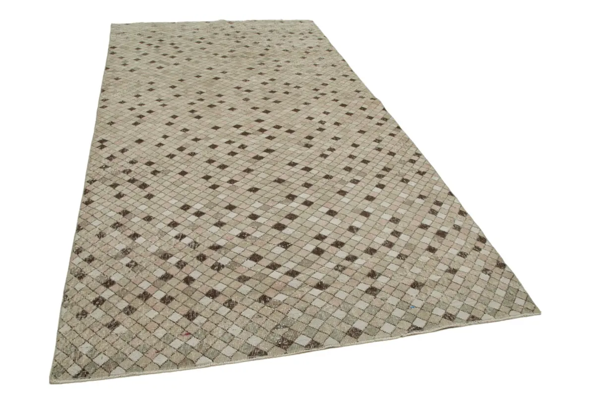 Damalı Modern Dizayn Geometrik Kahverengi Pamuk Üstü Yün El Dokuma Halı-167x324 - Görsel 2