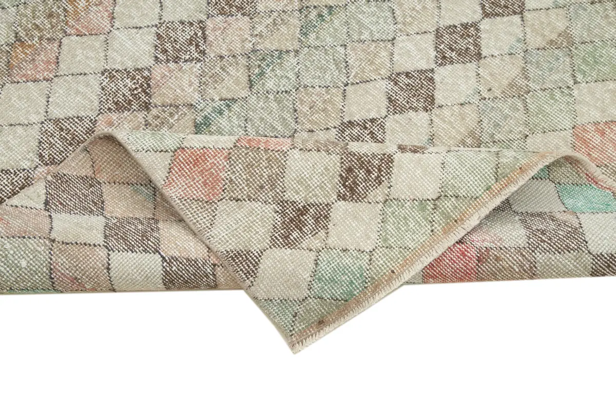 Damalı Modern Dizayn Geometrik Bej Pamuk Üstü Yün El Dokuma Halı-140x218 - Görsel 6