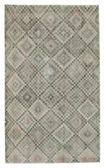 Damalı Modern Dizayn Geometrik Bej Pamuk Üstü Yün El Dokuma Halı-162x268