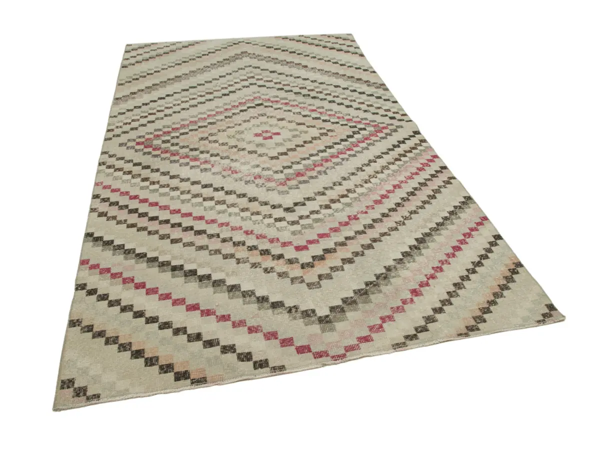 Damalı Modern Dizayn Geometrik Bej Pamuk Üstü Yün El Dokuma Halı-166x294 - Görsel 2