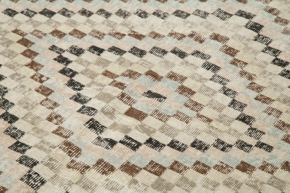 Damalı Modern Dizayn Geometrik Bej Pamuk Üstü Yün El Dokuma Halı-163x300 - Görsel 5