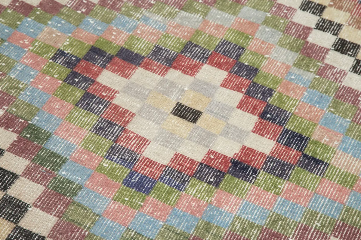 Damalı Modern Dizayn Geometrik Multi Renk Pamuk Üstü Yün El Dokuma Halı-098x235 - Görsel 5