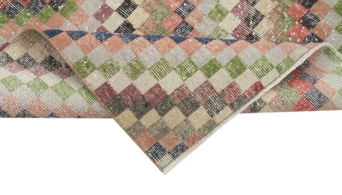 Damalı Modern Dizayn Geometrik Multi Renk Pamuk Üstü Yün El Dokuma Halı-098x235 - Görsel 6