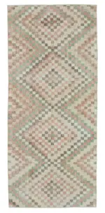 Damalı Modern Dizayn Geometrik Bej Pamuk Üstü Yün El Dokuma Halı-116x270