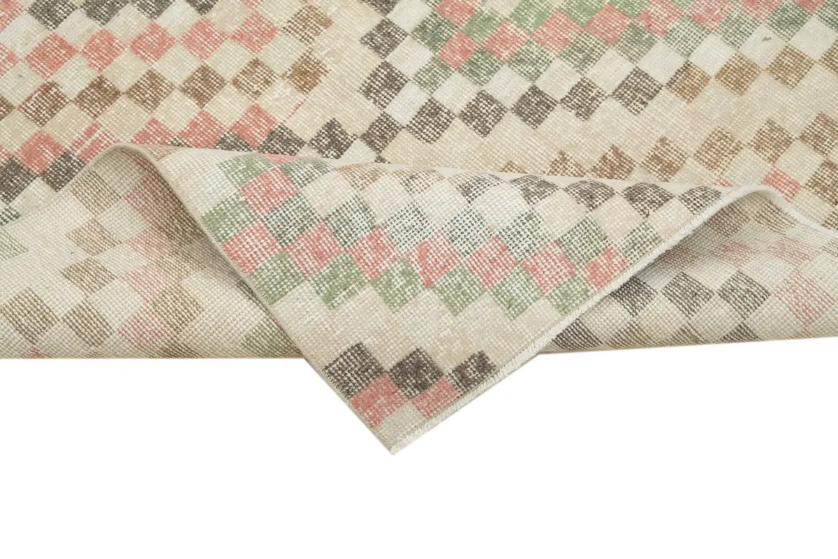 Damalı Modern Dizayn Geometrik Bej Pamuk Üstü Yün El Dokuma Halı-116x270 - Görsel 6