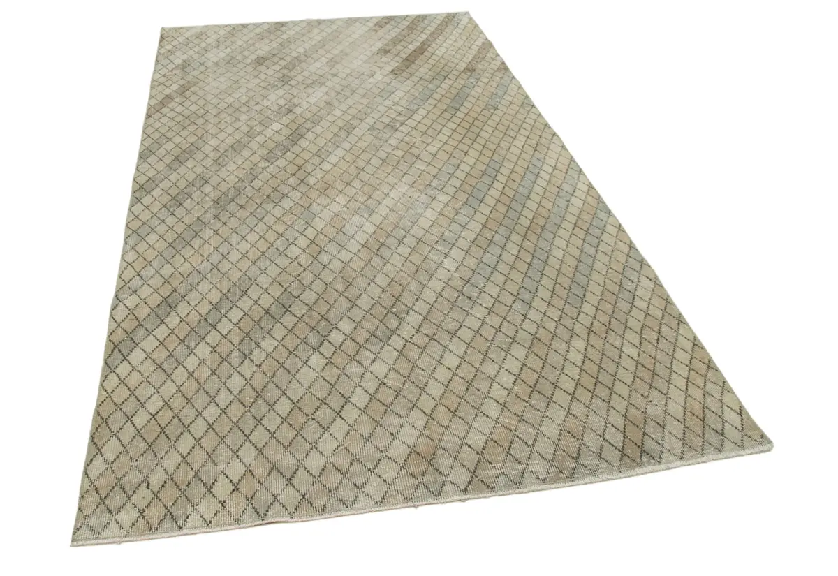 Damalı Modern Dizayn Geometrik Bej Pamuk Üstü Yün El Dokuma Halı-146x260 - Görsel 2