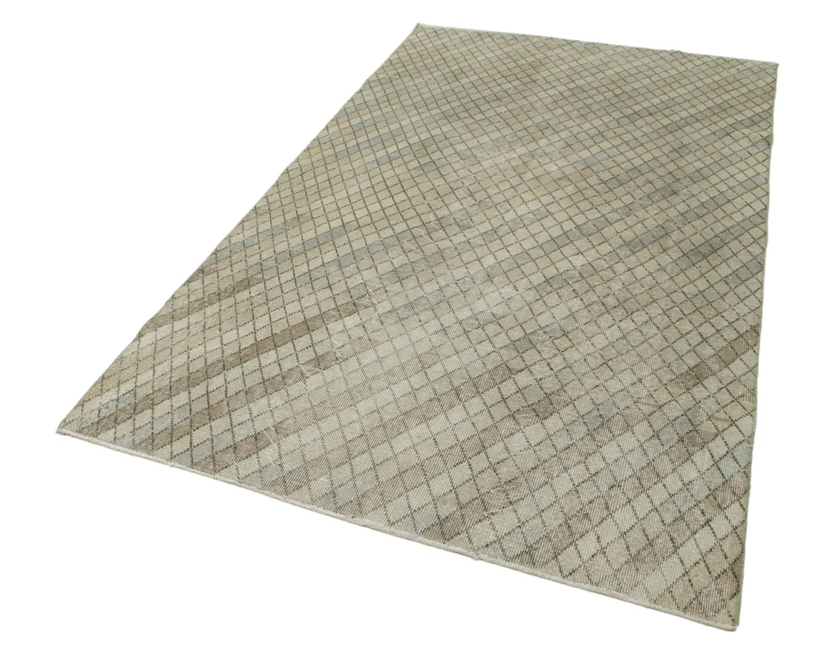 Damalı Modern Dizayn Geometrik Bej Pamuk Üstü Yün El Dokuma Halı-146x260 - Görsel 3