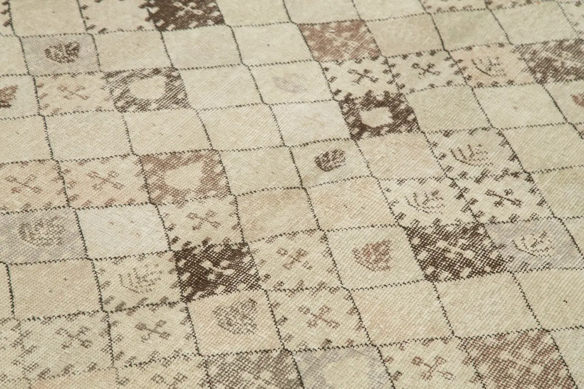 Damalı Modern Dizayn Geometrik Bej Pamuk Üstü Yün El Dokuma Halı-156x290 - Görsel 5