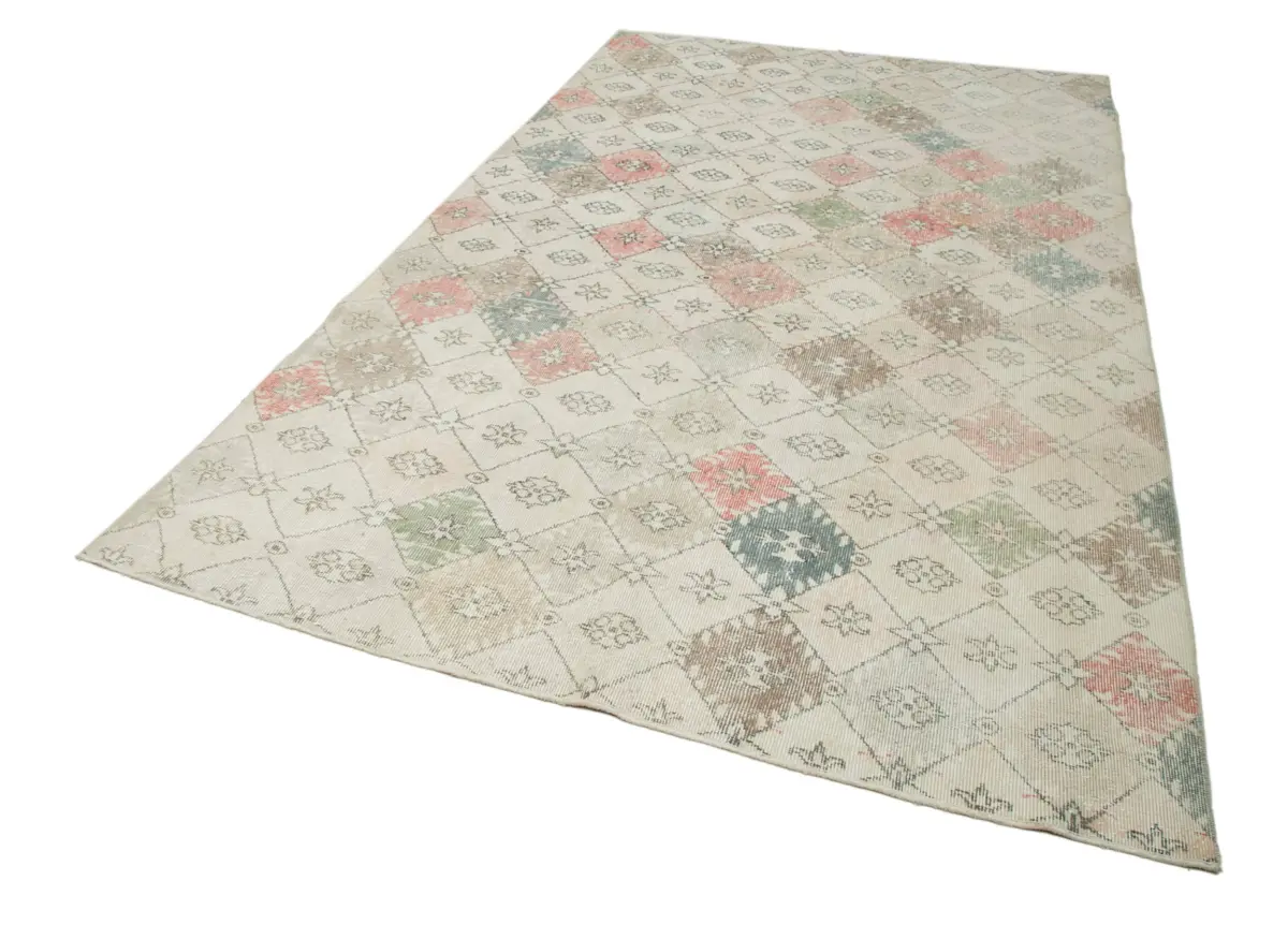 Damalı Modern Dizayn Geometrik Bej Pamuk Üstü Yün El Dokuma Halı-182x314 - Görsel 3