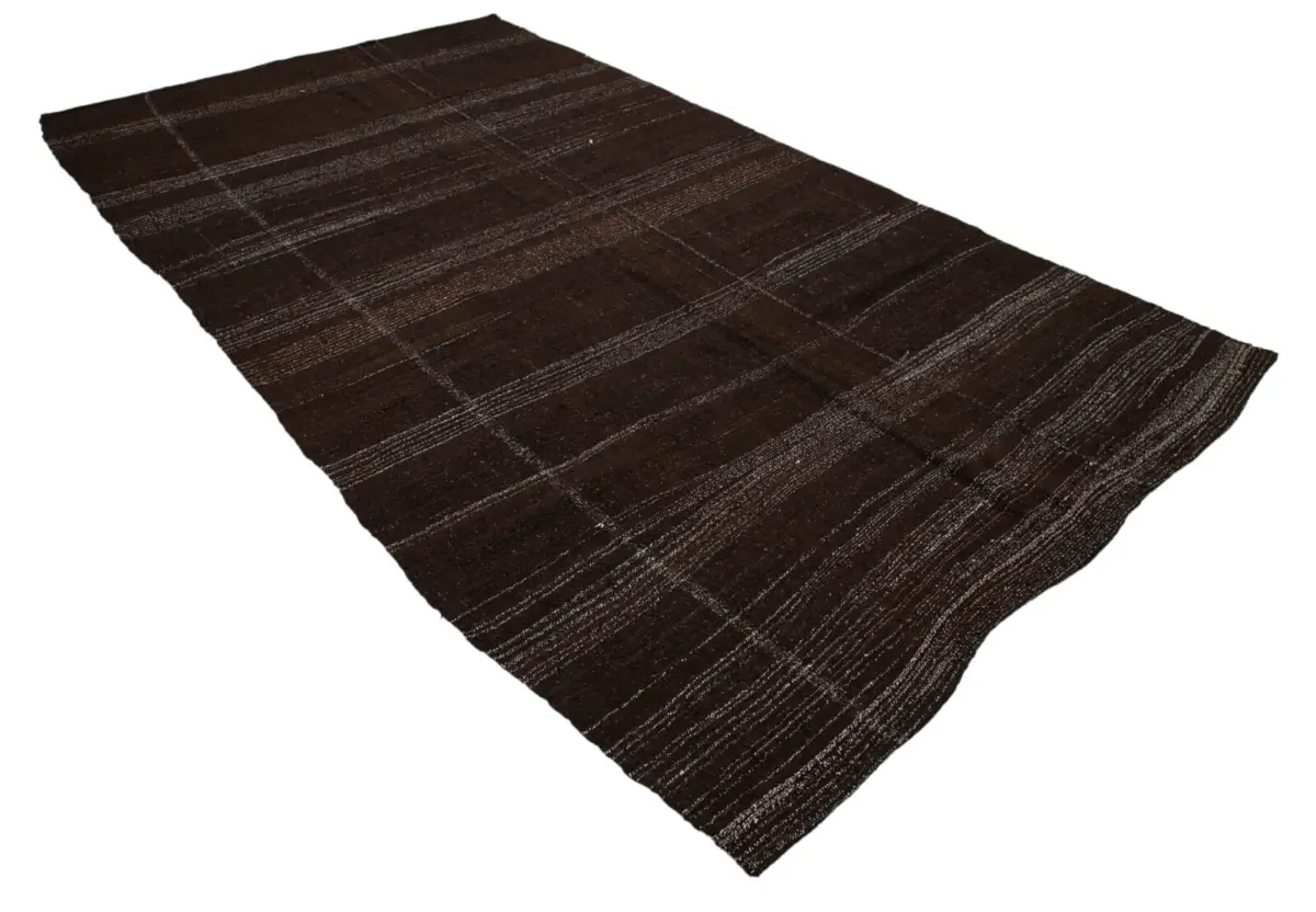 Kıl Çizgili Kahverengi Keçi Kılı İpliğinden El Dokuma Kilim-173x312 - Görsel 2