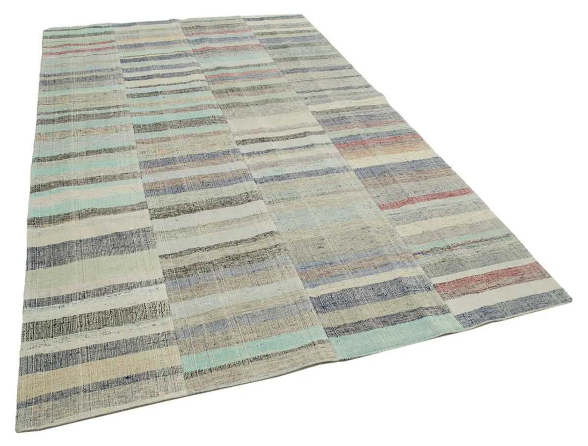 Chaput Patchwork Multi Renk Pamuk Üzerine Yün El Dokuma Kilim-180x295 - Görsel 2