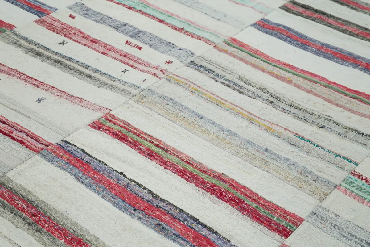 Chaput Patchwork Bej Renk Pamuk Üzerine Yün El Dokuma Kilim-293x401 - Görsel 5