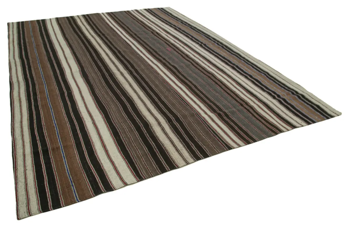 Kıl Çizgili Kahverengi Keçi Kılı İpliğinden El Dokuma Kilim-305x426 - Görsel 2
