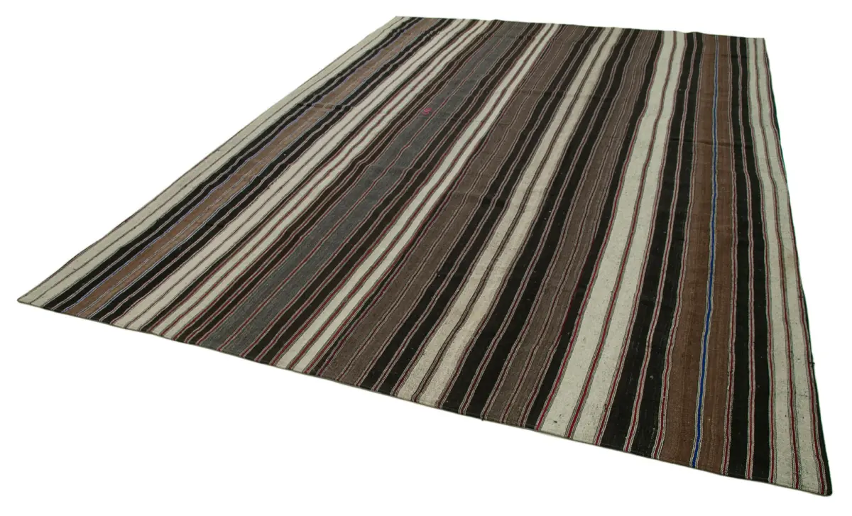 Kıl Çizgili Kahverengi Keçi Kılı İpliğinden El Dokuma Kilim-305x426 - Görsel 3