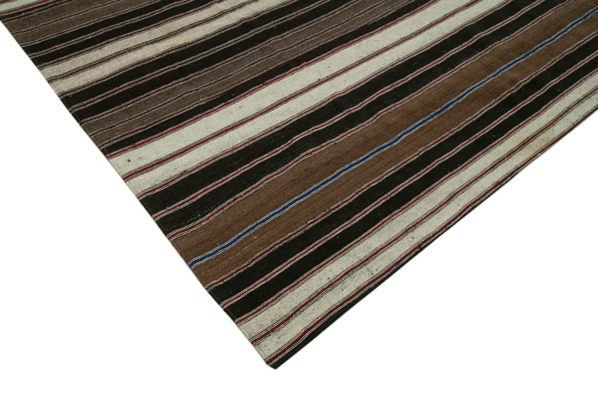 Kıl Çizgili Kahverengi Keçi Kılı İpliğinden El Dokuma Kilim-305x426 - Görsel 4