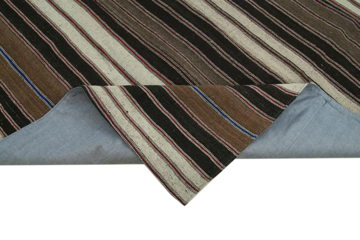 Kıl Çizgili Kahverengi Keçi Kılı İpliğinden El Dokuma Kilim-305x426 - Görsel 6