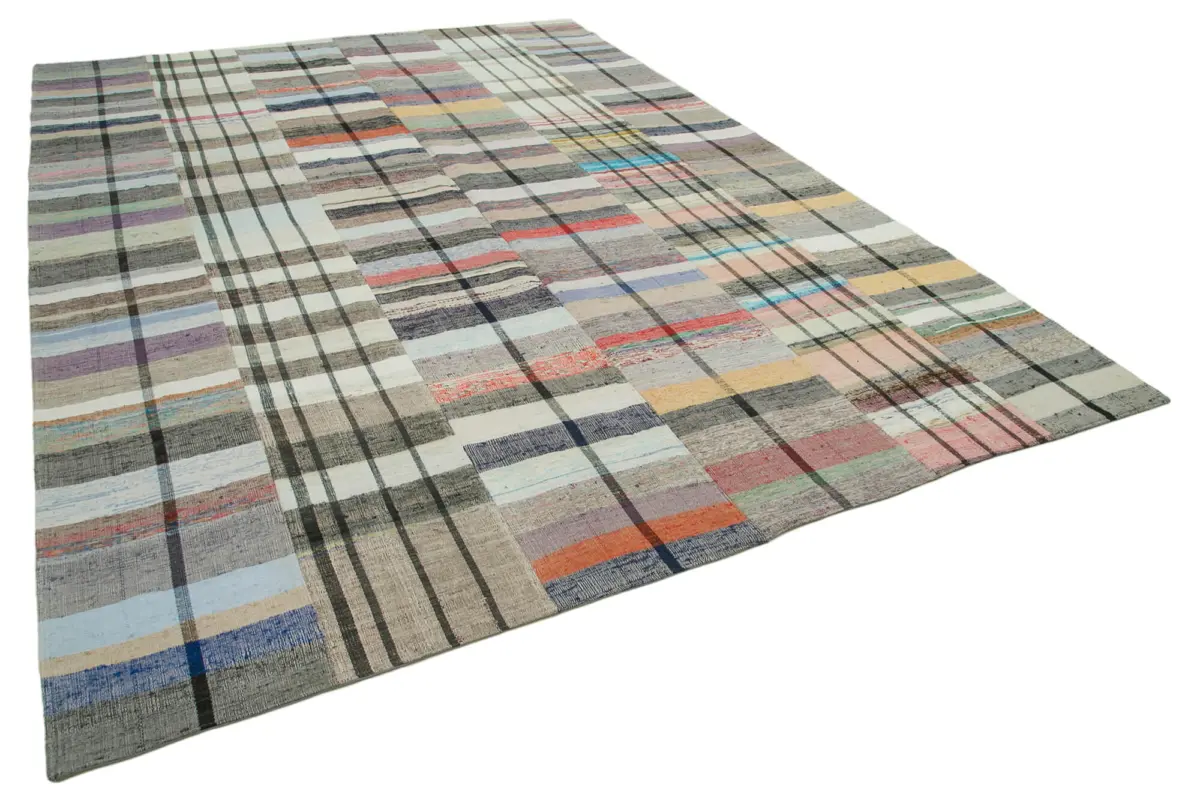 Chaput Patchwork Multi Renk Pamuk Üzerine Yün El Dokuma Kilim-260x370 - Görsel 2