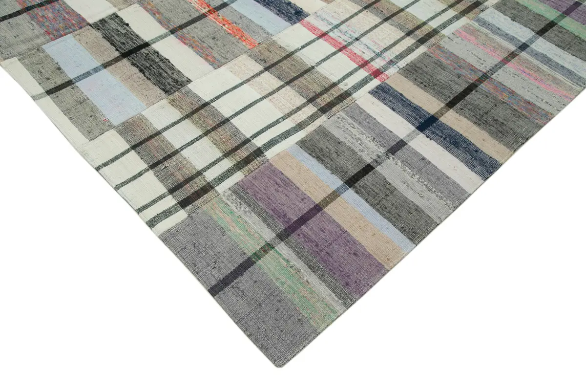 Chaput Patchwork Multi Renk Pamuk Üzerine Yün El Dokuma Kilim-260x370 - Görsel 4