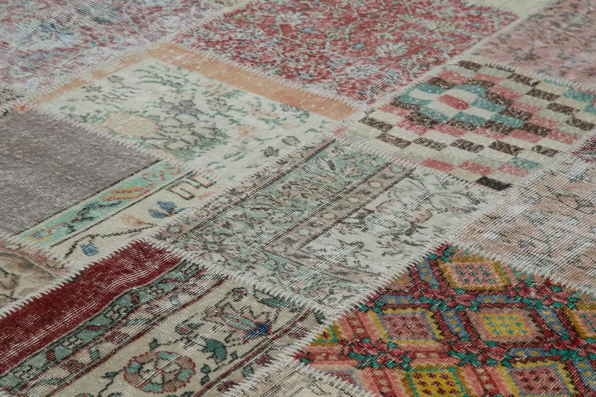 Patchwork Multi Pamuk Üzerine Yün El Dokuma Kilim-302x400 - Görsel 5