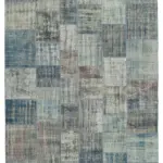 Patchwork Mavi Pamuk Üzerine Yün El Dokuma Kilim-245x353