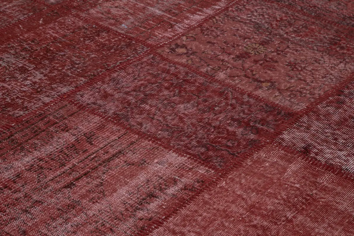 Patchwork Kırmızı Pamuk Üzerine Yün El Dokuma Kilim-305x407 - Görsel 5