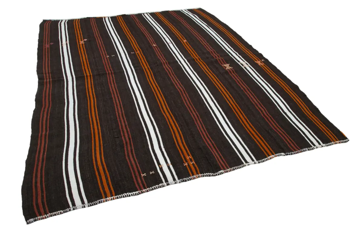 Kıl Çizgili Kahverengi Keçi Kılı İpliğinden El Dokuma Kilim-215x270 - Görsel 2