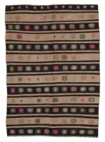 Kıl Çizgili Kahverengi Keçi Kılı İpliğinden El Dokuma Kilim-183x258