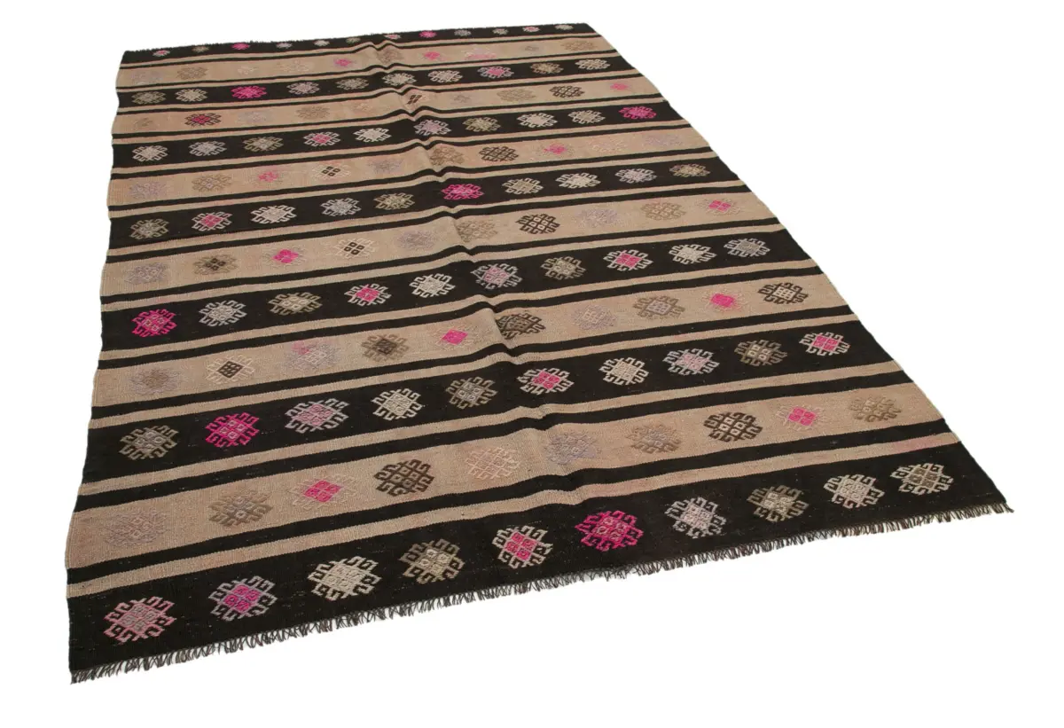 Kıl Çizgili Kahverengi Keçi Kılı İpliğinden El Dokuma Kilim-183x258 - Görsel 2