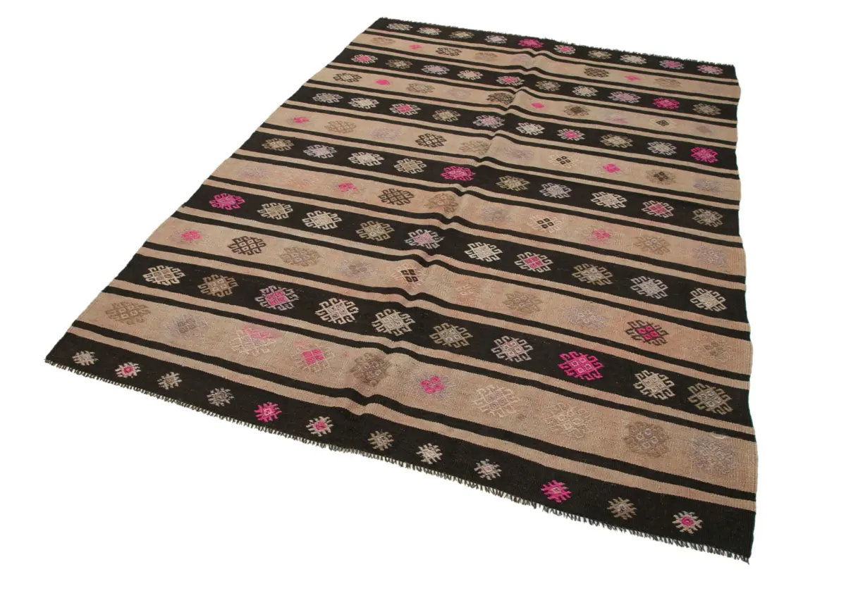 Kıl Çizgili Kahverengi Keçi Kılı İpliğinden El Dokuma Kilim-183x258 - Görsel 3