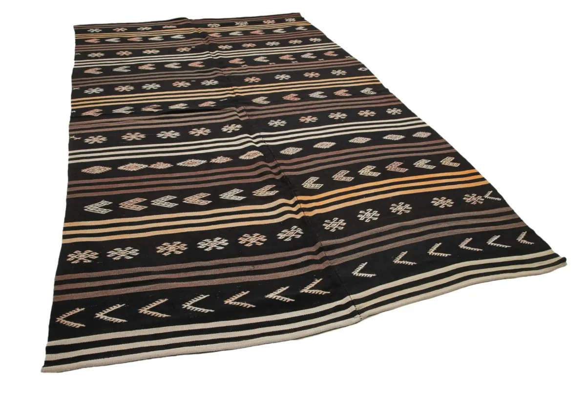 Kıl Çizgili Kahverengi Keçi Kılı İpliğinden El Dokuma Kilim-198x328 - Görsel 2