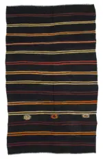 Kıl Çizgili Kahverengi Keçi Kılı İpliğinden El Dokuma Kilim-202x345