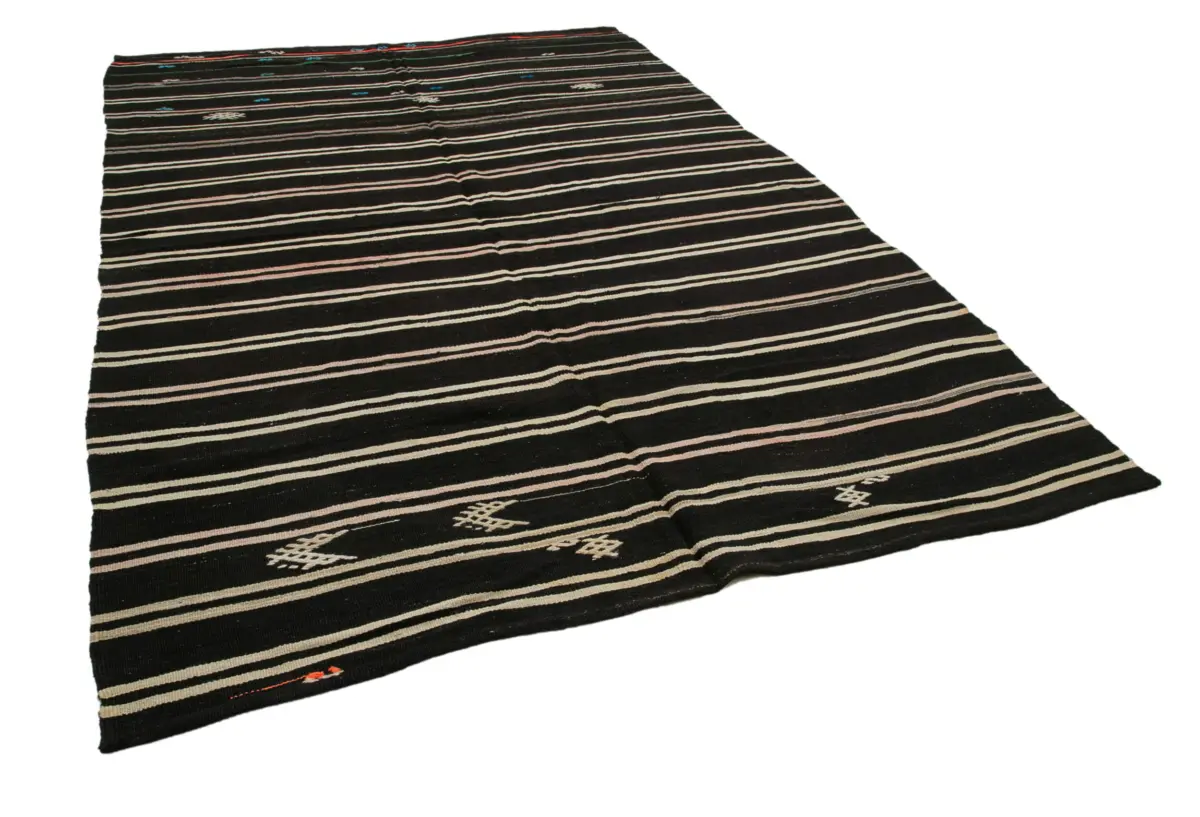Kıl Çizgili Kahverengi Keçi Kılı İpliğinden El Dokuma Kilim-203x340 - Görsel 2
