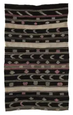 Kıl Çizgili Kahverengi Keçi Kılı İpliğinden El Dokuma Kilim-193x328