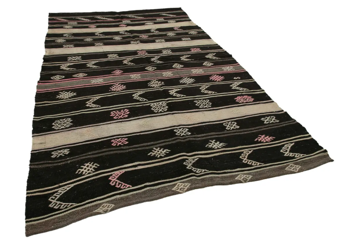 Kıl Çizgili Kahverengi Keçi Kılı İpliğinden El Dokuma Kilim-193x328 - Görsel 2