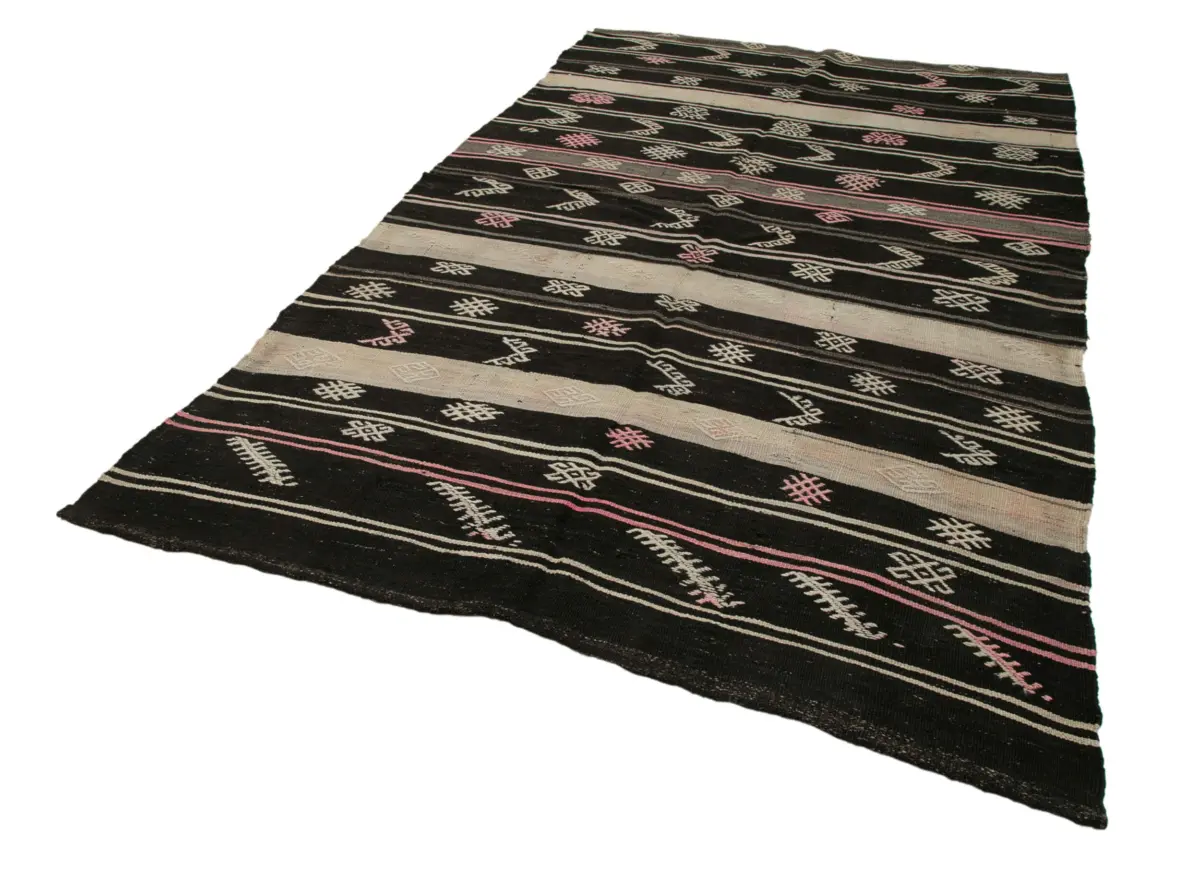 Kıl Çizgili Kahverengi Keçi Kılı İpliğinden El Dokuma Kilim-193x328 - Görsel 3