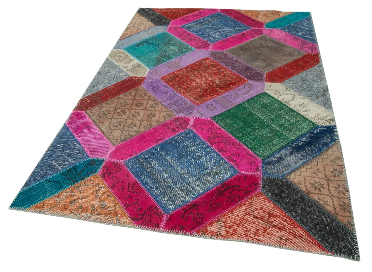 Patchwork Multi Pamuk Üzerine Yün El Dokuma Kilim-159x243 - Görsel 3