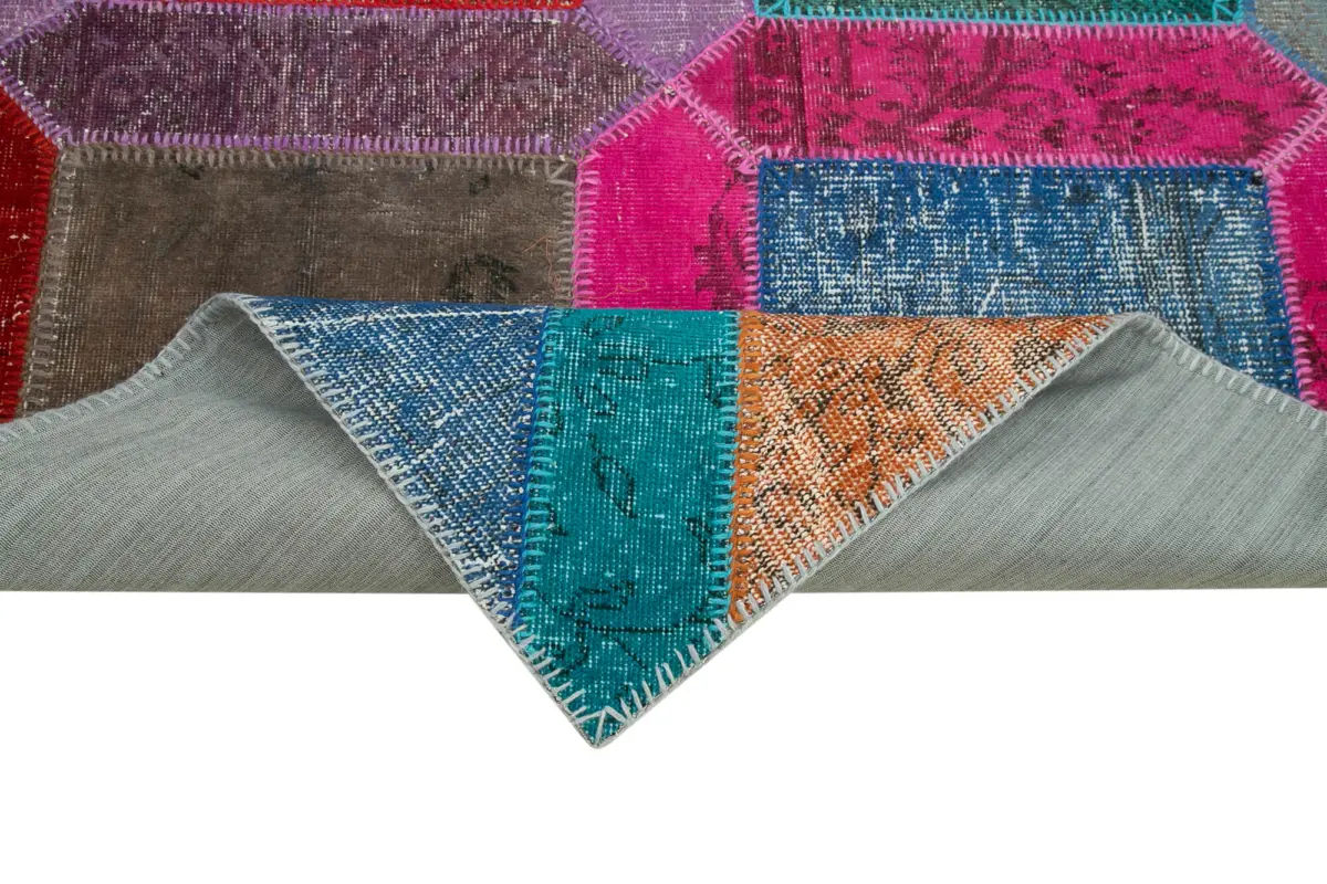 Patchwork Multi Pamuk Üzerine Yün El Dokuma Kilim-159x243 - Görsel 6