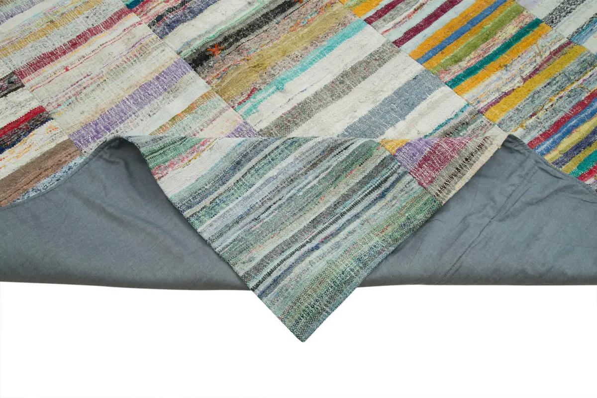 Chaput Patchwork Bej Renk Pamuk Üzerine Yün El Dokuma Kilim-307x410 - Görsel 6