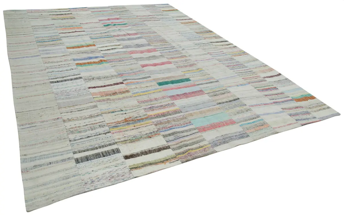 Chaput Patchwork Bej Renk Pamuk Üzerine Yün El Dokuma Kilim-305x408 - Görsel 2