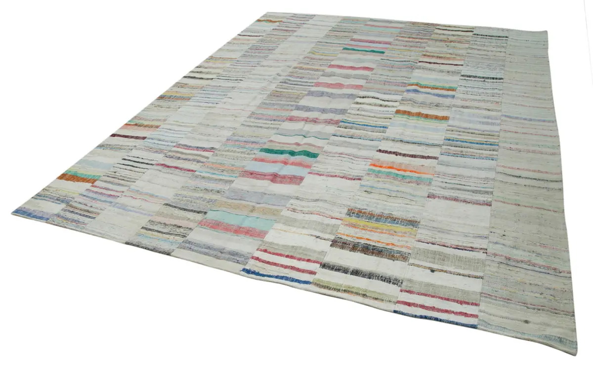 Chaput Patchwork Bej Renk Pamuk Üzerine Yün El Dokuma Kilim-305x408 - Görsel 3