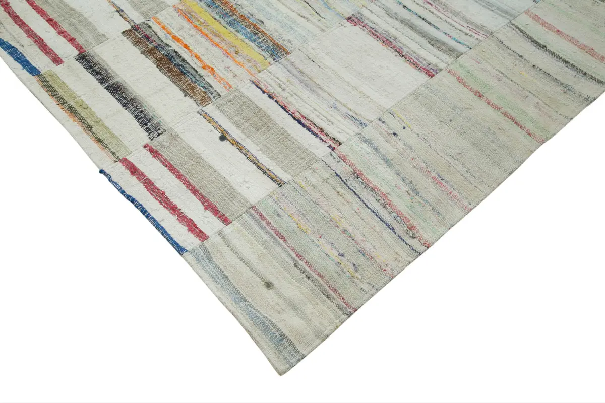 Chaput Patchwork Bej Renk Pamuk Üzerine Yün El Dokuma Kilim-305x408 - Görsel 4