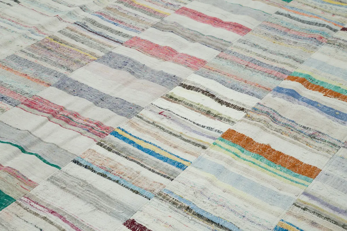 Chaput Patchwork Bej Renk Pamuk Üzerine Yün El Dokuma Kilim-305x408 - Görsel 5