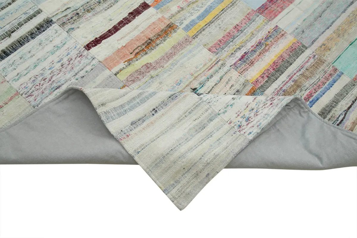 Chaput Patchwork Bej Renk Pamuk Üzerine Yün El Dokuma Kilim-305x408 - Görsel 6