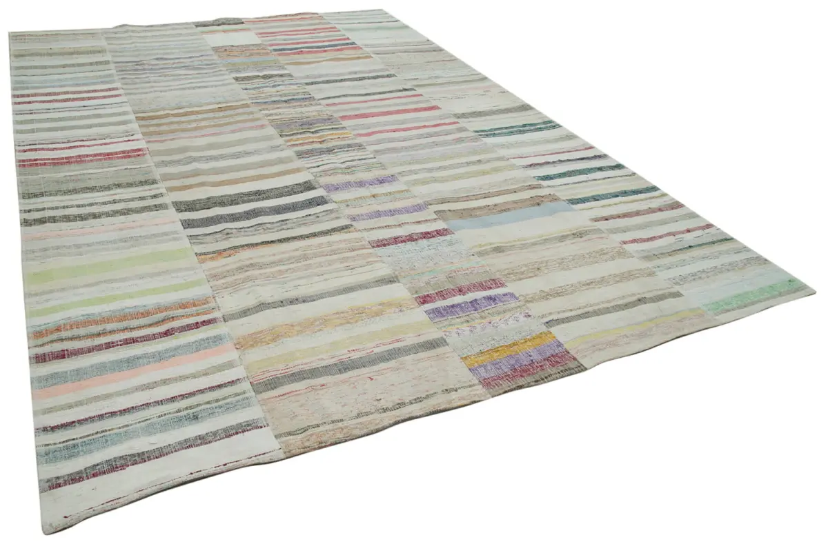 Chaput Patchwork Bej Renk Pamuk Üzerine Yün El Dokuma Kilim-285x410 - Görsel 2
