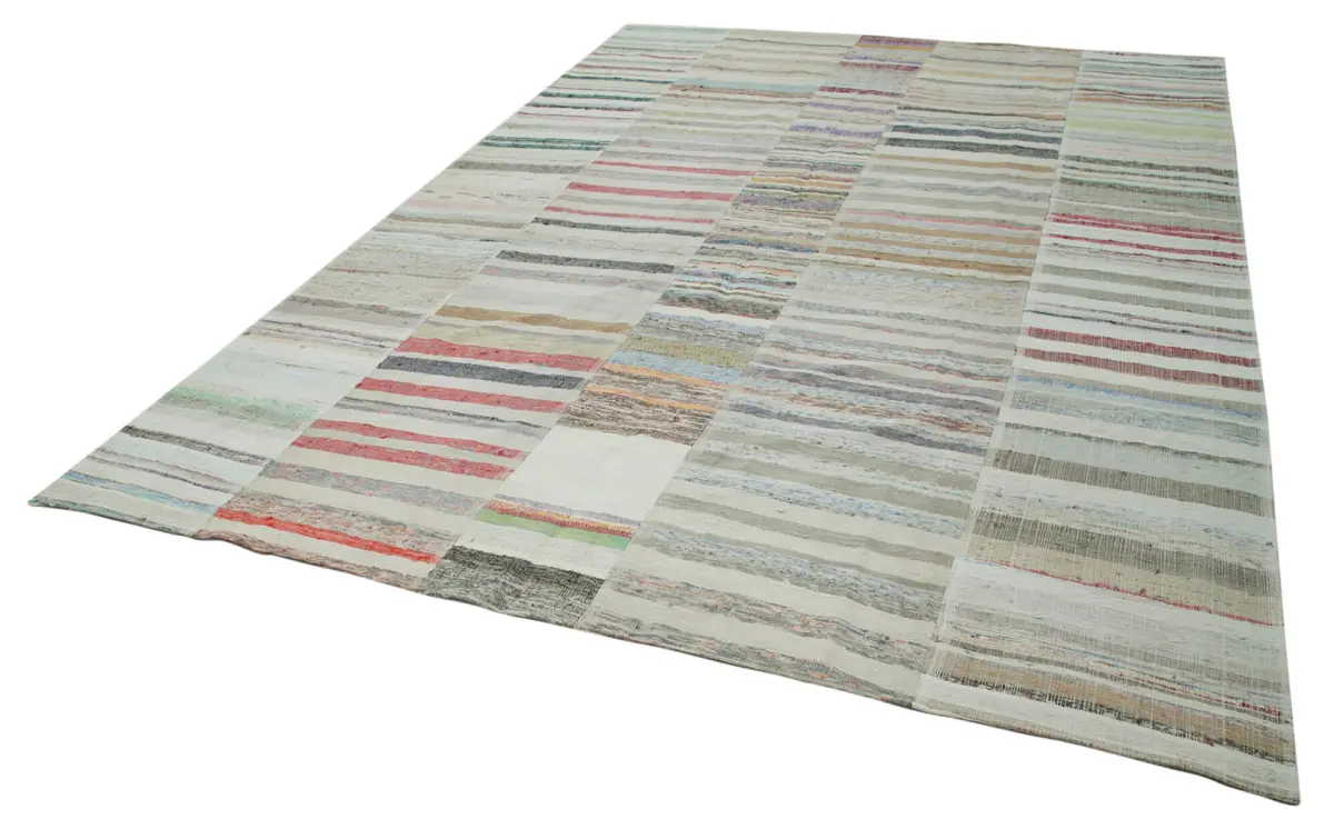 Chaput Patchwork Bej Renk Pamuk Üzerine Yün El Dokuma Kilim-285x410 - Görsel 3
