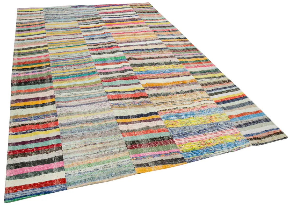 Chaput Patchwork Multi Renk Pamuk Üzerine Yün El Dokuma Kilim-200x310 - Görsel 2