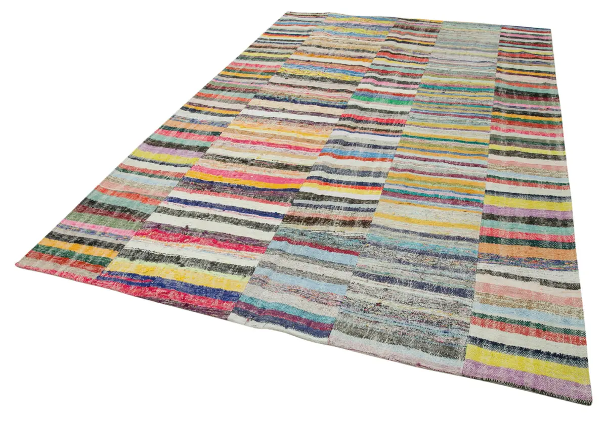 Chaput Patchwork Multi Renk Pamuk Üzerine Yün El Dokuma Kilim-200x310 - Görsel 3