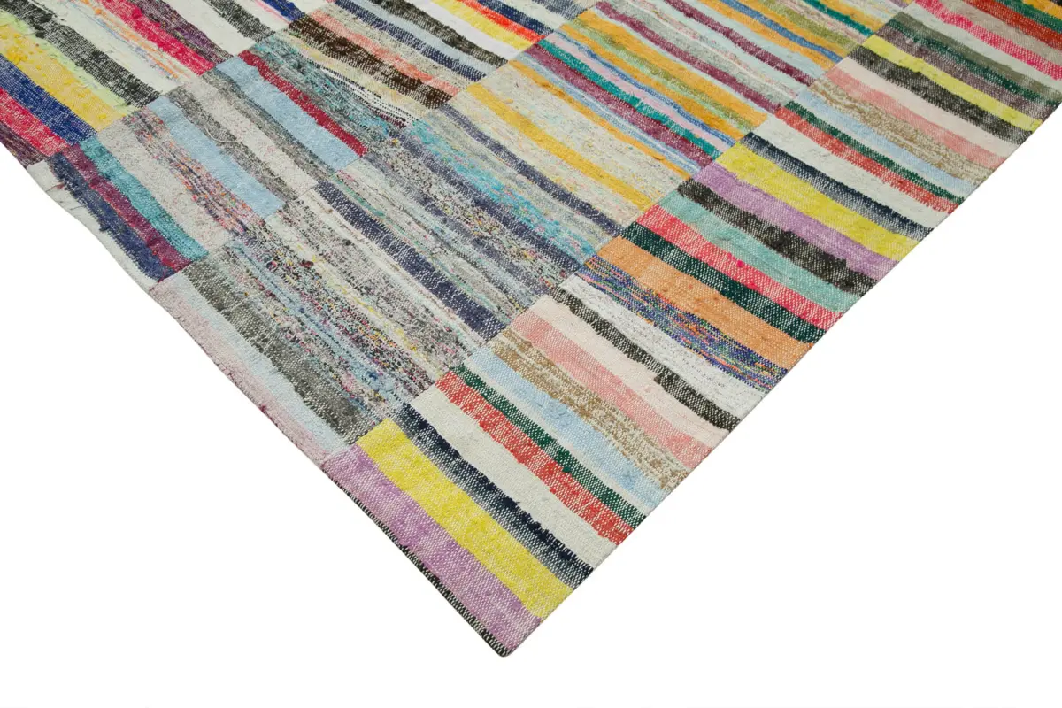 Chaput Patchwork Multi Renk Pamuk Üzerine Yün El Dokuma Kilim-200x310 - Görsel 4