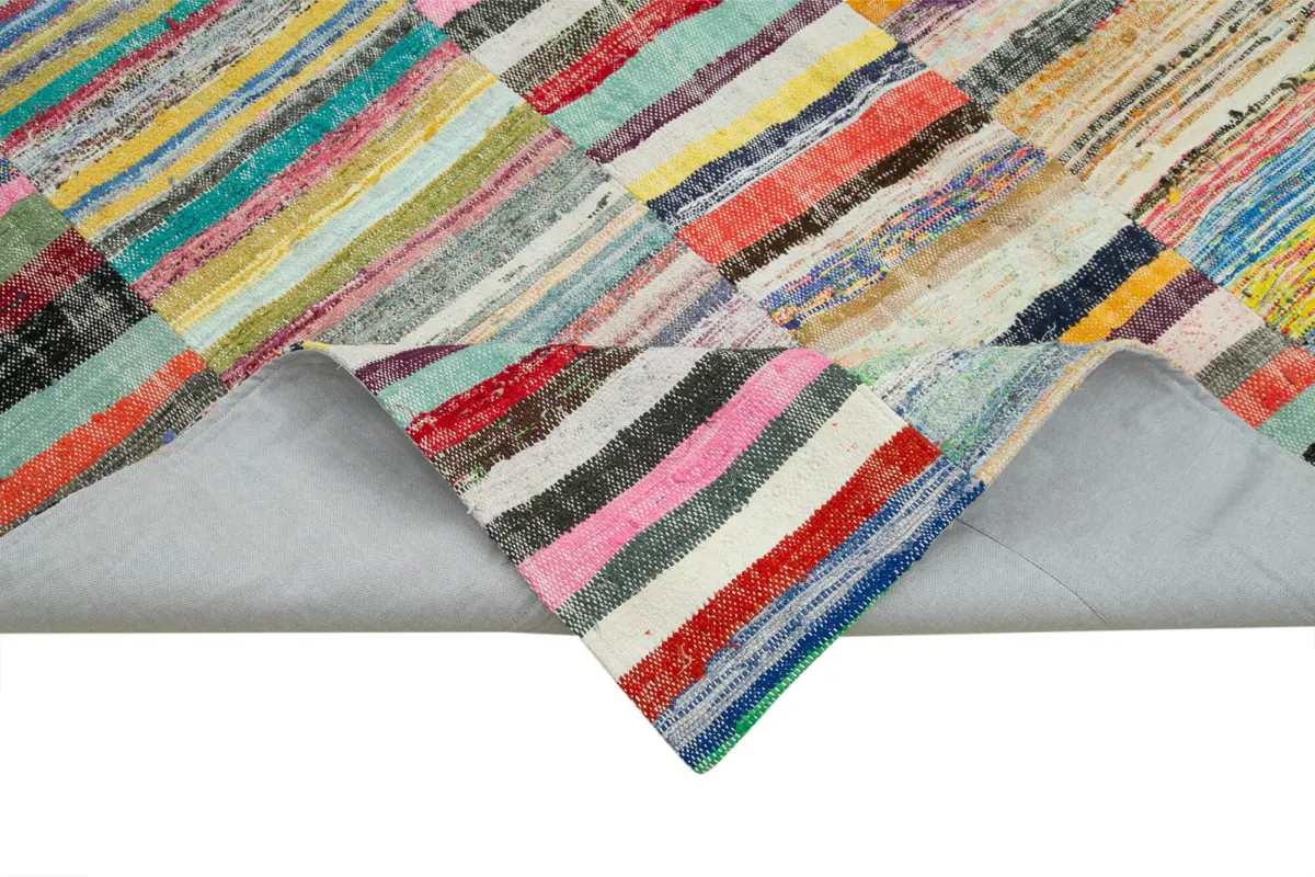 Chaput Patchwork Multi Renk Pamuk Üzerine Yün El Dokuma Kilim-200x310 - Görsel 6