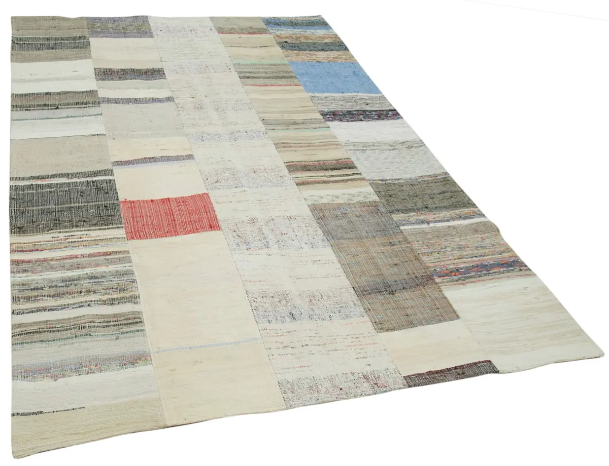 Chaput Patchwork Bej Renk Pamuk Üzerine Yün El Dokuma Kilim-170x260 - Görsel 2